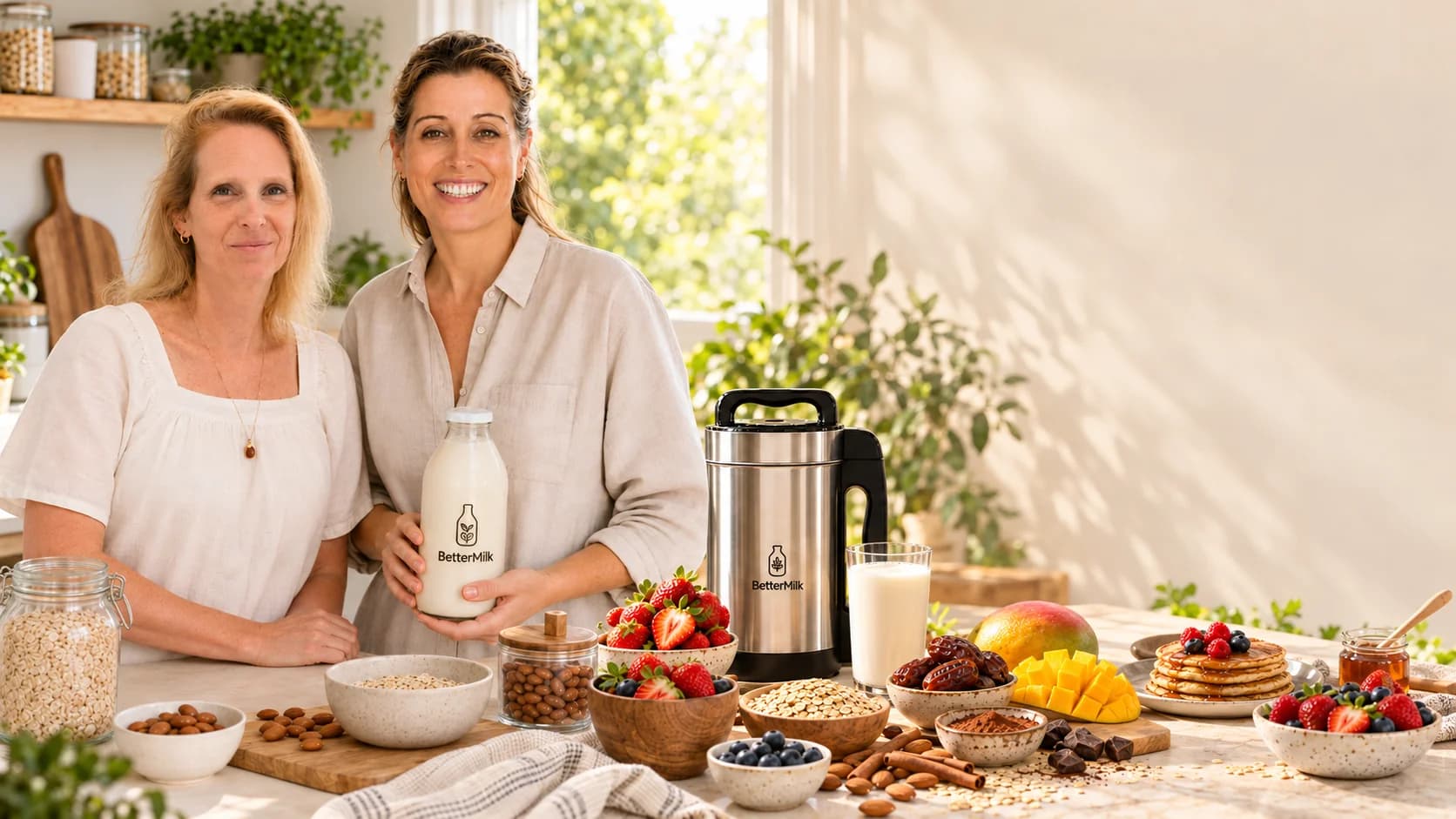 קרול ואיריס, מייסדות BetterMilk, במטבח עם מכונת BetterMilk, בקבוק חלב צמחי, פנקייקים, פירות ושיבולת שועל