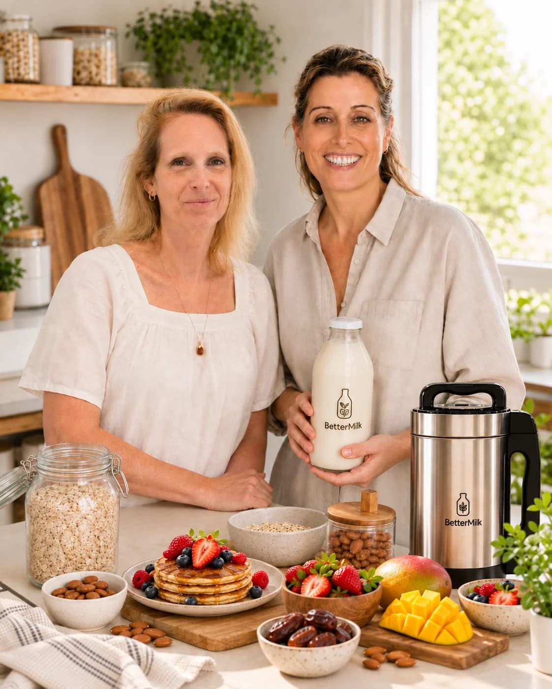 קרול ואיריס, מייסדות BetterMilk, במטבח עם מכונת BetterMilk, בקבוק חלב צמחי, פנקייקים, פירות ושיבולת שועל
