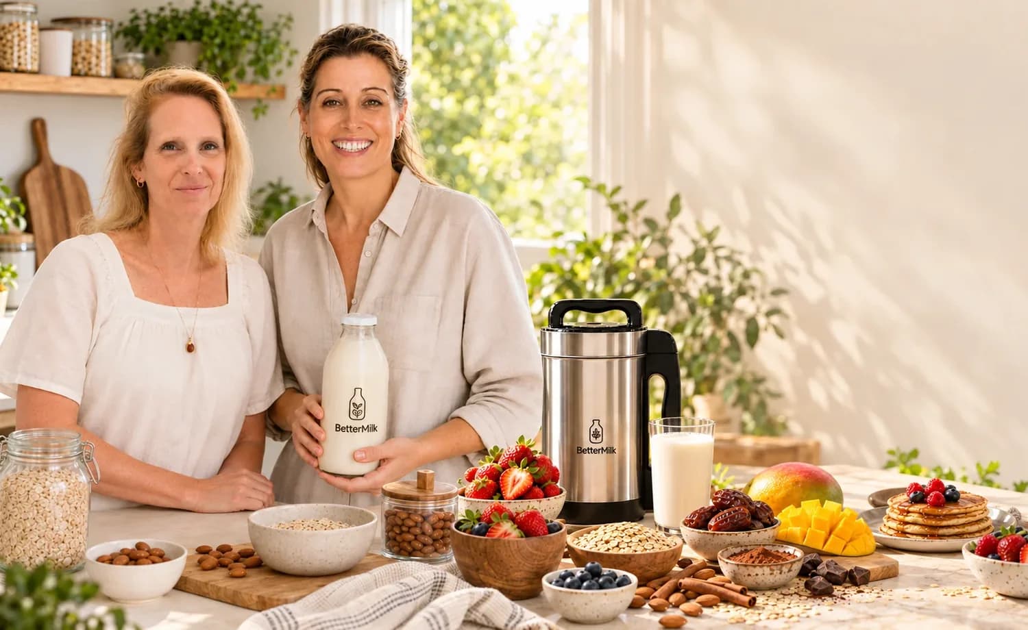 קרול ואיריס במטבח, עם מכונת BetterMilk ובקבוק משקה צמחי
