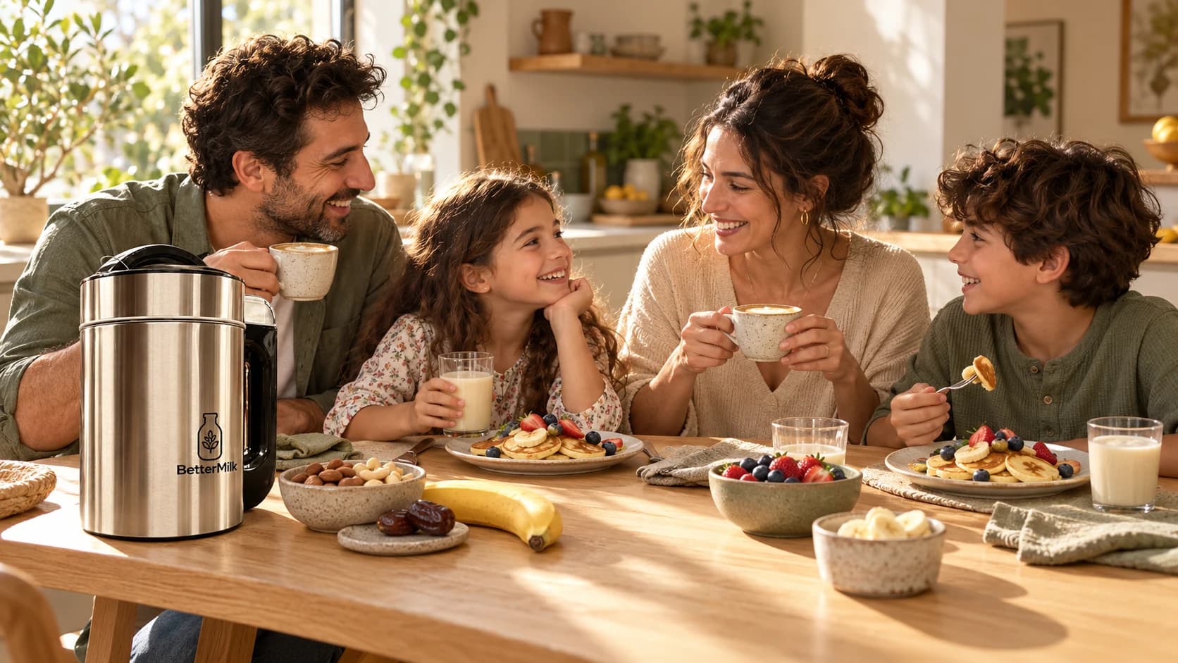 המחשה של ארוחת בוקר משפחתית, עם מכונת BetterMilk, פנקייקים וקפה