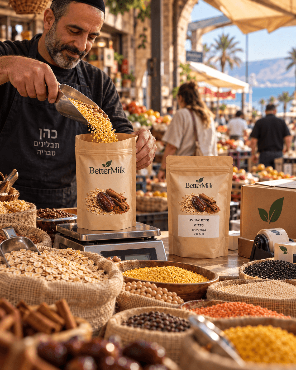 שקית BetterMilk על משקל בדוכן בשוק, לצד קופסת משלוח — הדמיית מותג
