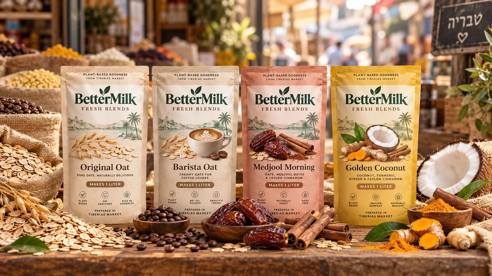 ארבע שקיות תערובת של BetterMilk על רקע שקים ודוכן בשוק — הדמיית מותג